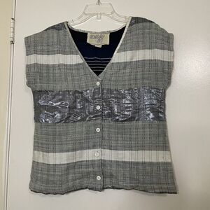 Ace & Jig gray striped shimmer sleeveless v neck button front top Medium